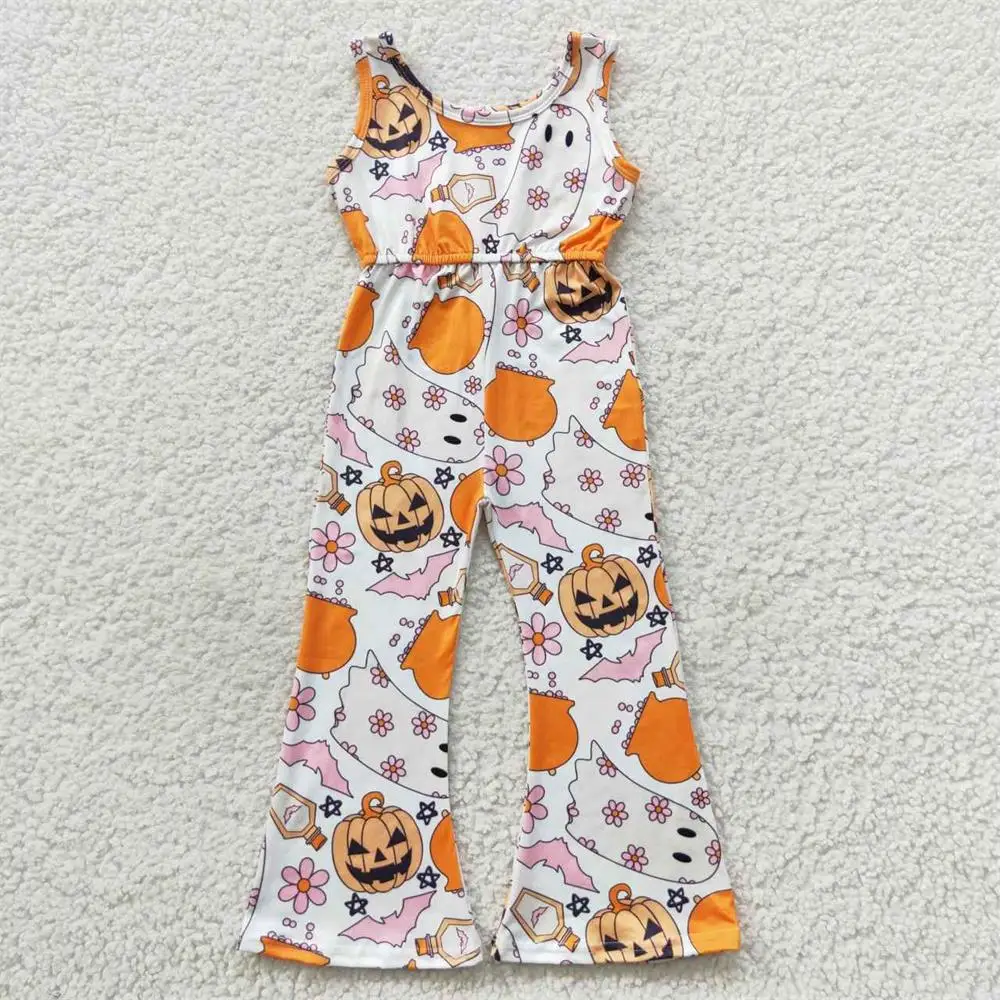 Wholesale Kid Halloween Outfit Toddler Children Baby Girl Pink Cotton Long Sleeve Clothes Overall Ghost Pumpkin Floral Pants Set