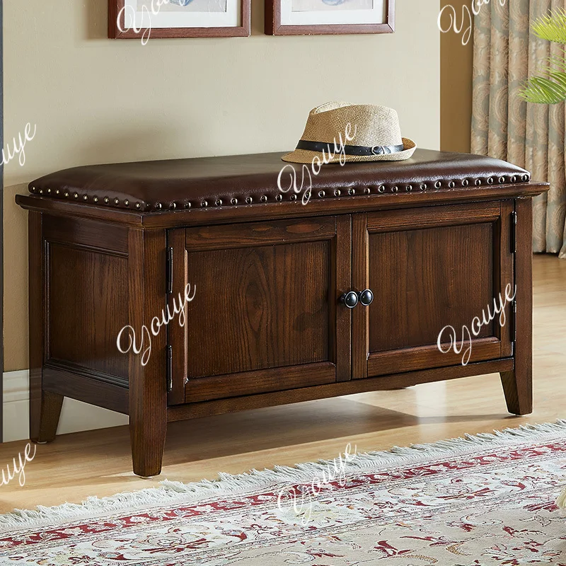 American all-solid wood leather shoe change stool enters the home, shoe stool can sit at the door of the home, simple storage