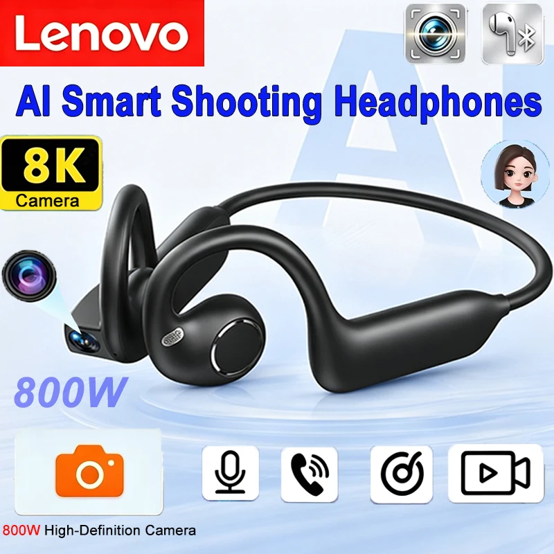 Écouteurs sportifs intelligents Lenovo 4K avec caméra 8MP, traduction, chat, Wi-Fi, enregistrement vidéo et Bluetooth 5.4 pour le cyclisme