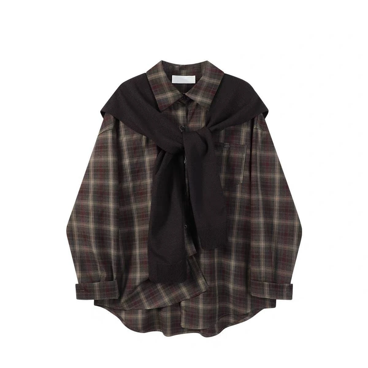 

Свободная рубашка в клетку с длинными рукавами и шарфом, комплект из двух предметов, мужская одежда в корейском стиле, весна-осень, новая модная повседневная универсальная одежда унисекс