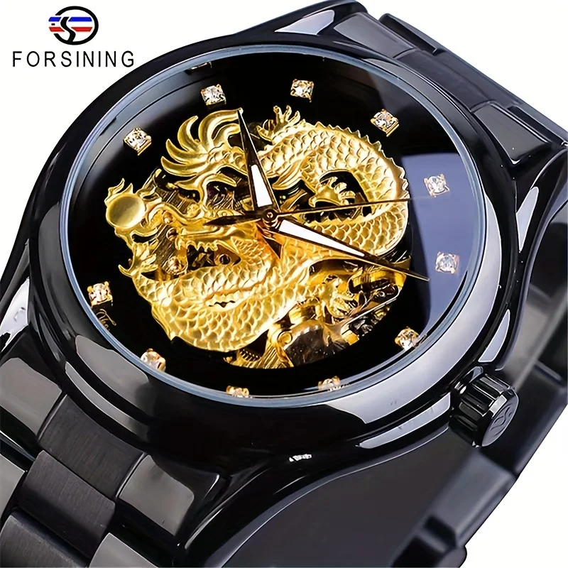 

Luxurious Men's Automatic Mechanical Watch - Elegant Dragon-Shaped Design, Diamond Watch, Stainless Steel Strap, Smooth Movement, Business Casual Style Men's Watch, Perfect Gift for Him, No Battery