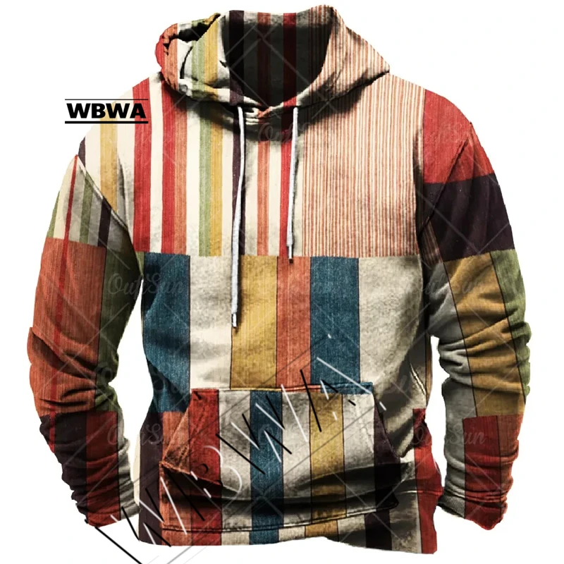 Vintage Men\'s Hoodie For Sweatshirt 3d Plaid Print Long Sleeve Pullover Street Man Clothing Men\'s Oversized Hooded Sweater 2023