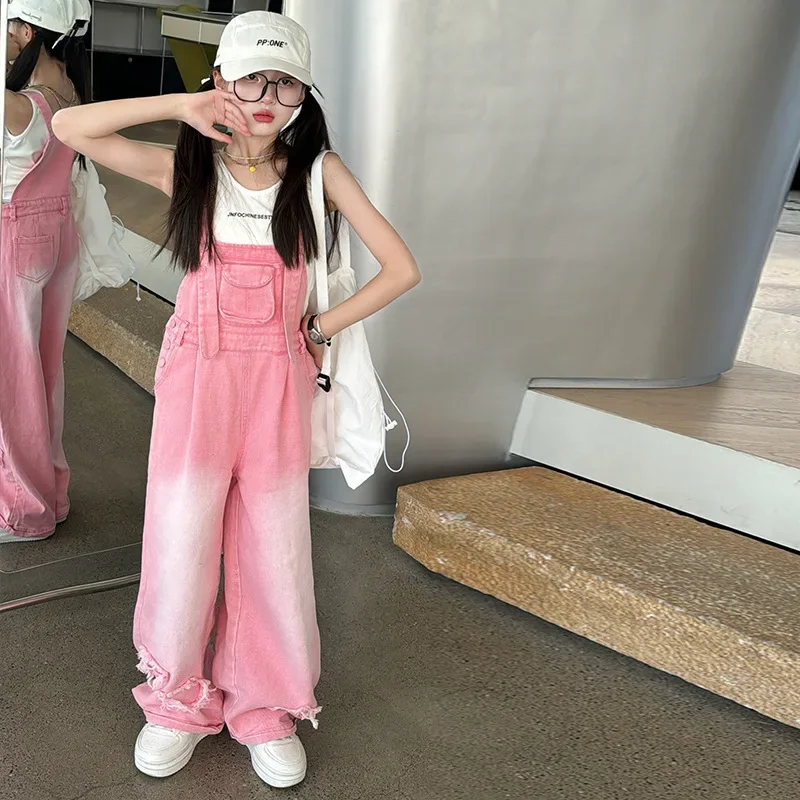 

Girls Trousers 2024 American Retro Denim Overalls Fashion Loose Slim Straight Leg Casual Wide Leg Mop Simple Casual Pants