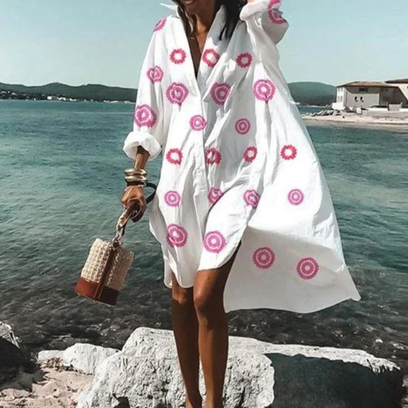 Abiti estivi Casual Casual allentati taglie forti 2022 abito camicia da spiaggia Sexy nuova manica lunga bohemien abiti eleganti da donna