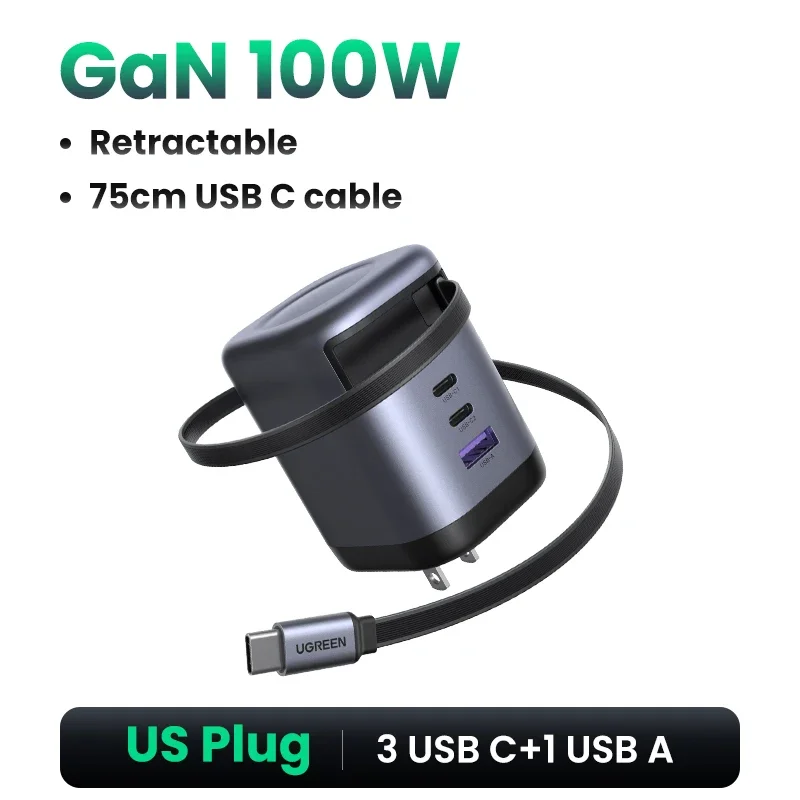 UGREEN 100W GaN-oplader met intrekbare USB C-kabel UFCS PPS PD snellader voor laptop Macbook Pro iPad tablet iPhone Samsung