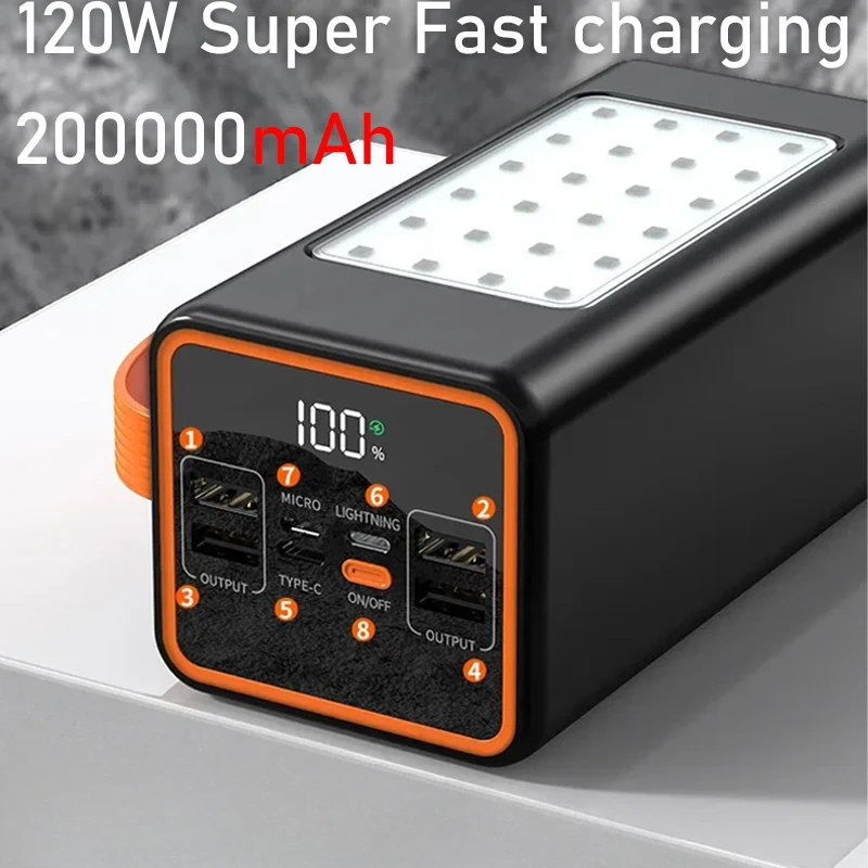 For Xiaomi IPhone W/LED Light 200000mAh Two-way Fast Charging 120W Power Bank  Portable Charger Fast Charging External Tito C