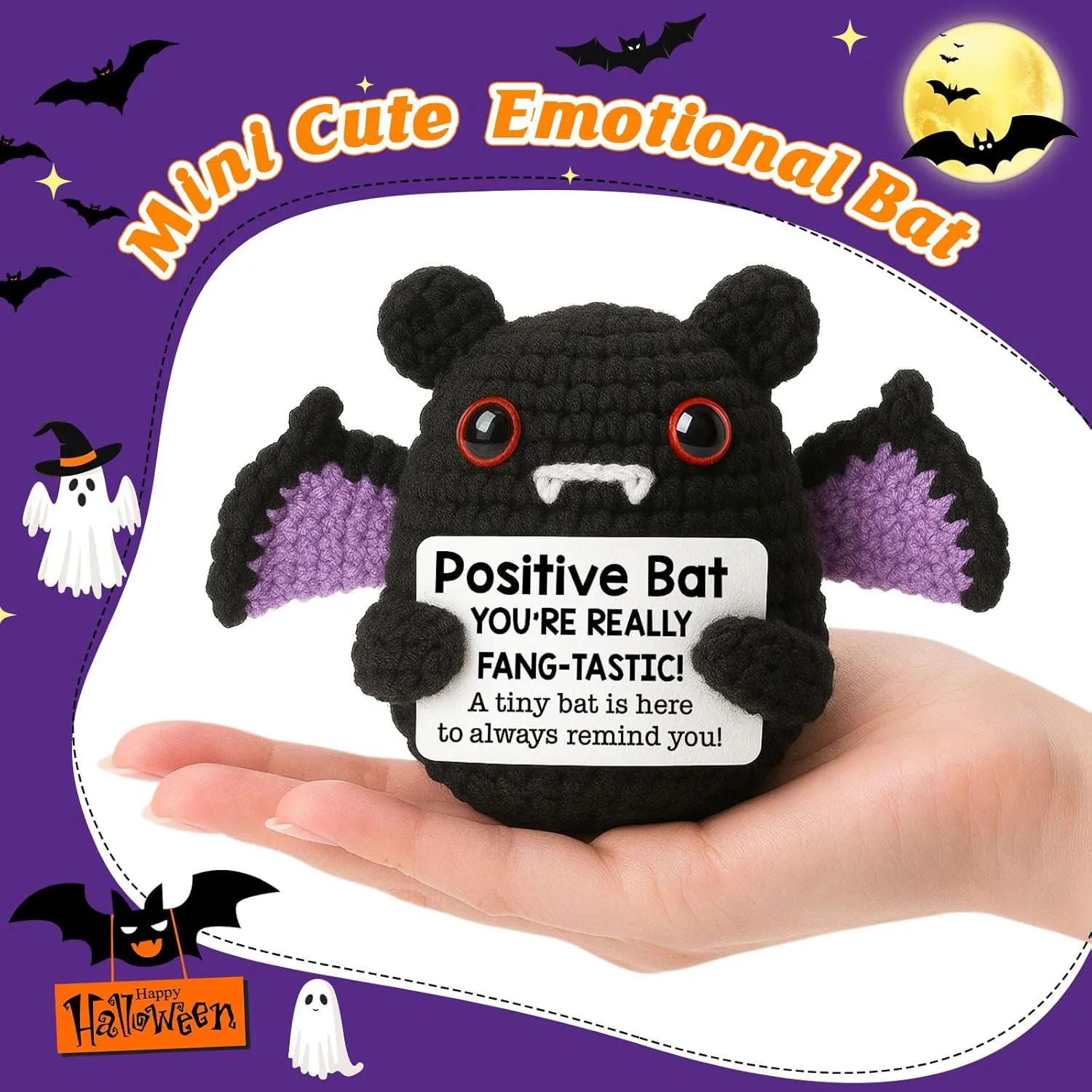 Handmade Positive Bat Doll With Card Home Decoration Knitting Bat Halloween Egg Doll Ornament Room Decor Halloween Party Gift