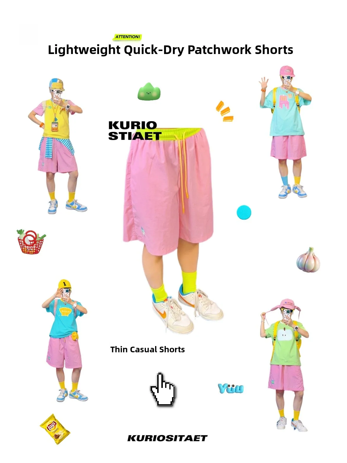 KURIOSITAET Original  Dopaamine Summer Pink Patchwork Lightweight Quick Dry Loose Fit Sporty Shorts Casual Pants
