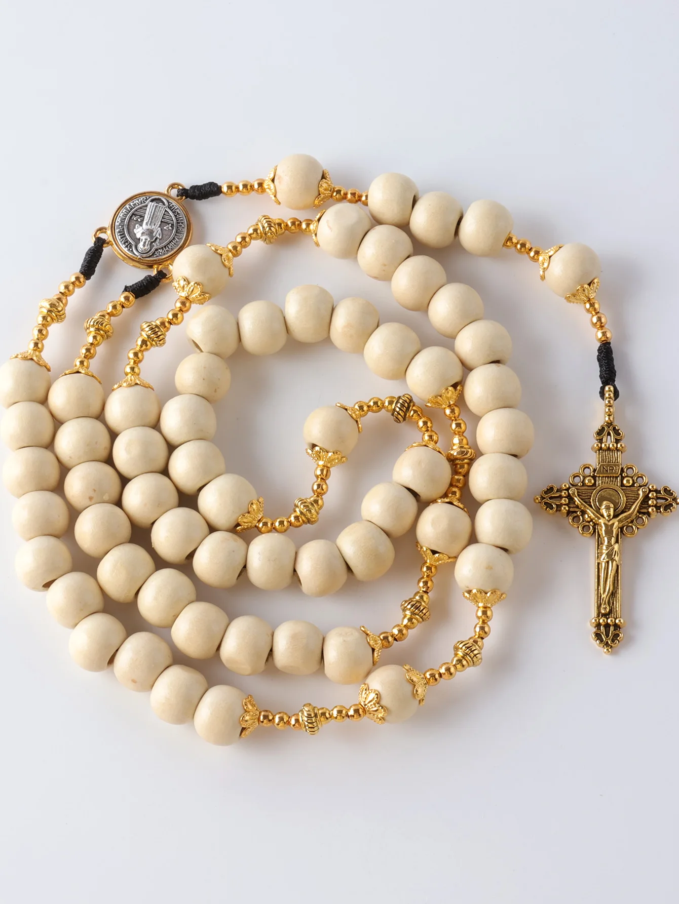 2025 Neu 1 Stück Vintage Katholischer Rosenkranz Schmuck 59 Stück 10mm Holzperlen Kreuz-Halskette, Handgefertigt – Detail 1