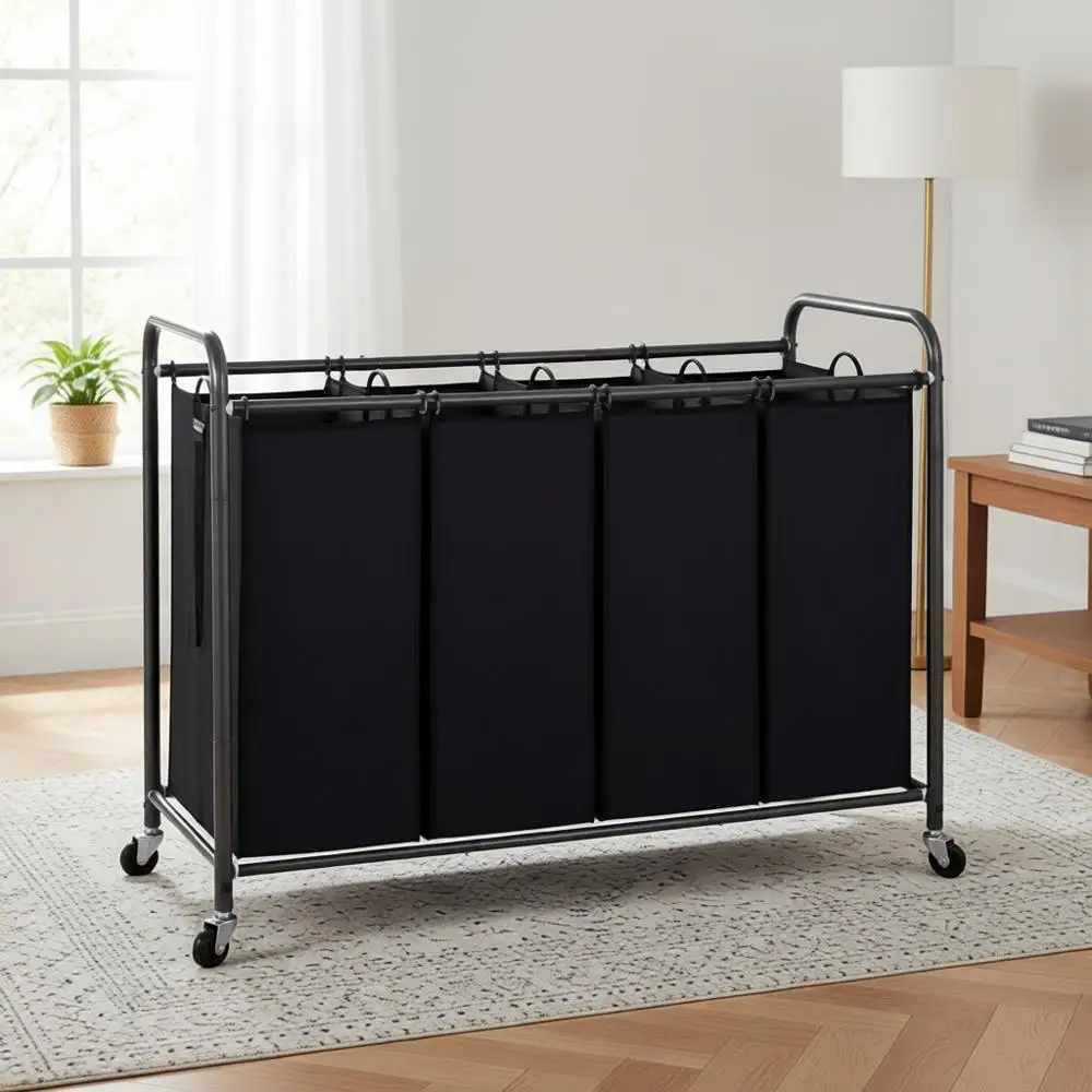 

4-Section Rolling Clothes Hamper with Lockable Wheels, Removable Bags for Laundry Room, Bedroom, Closet - Black