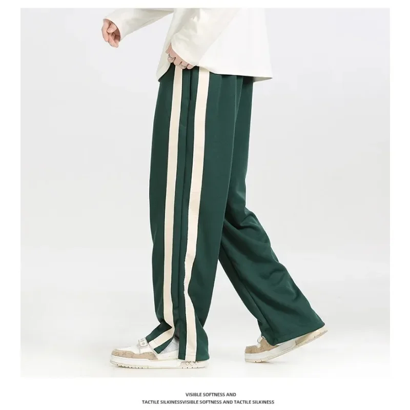 Men's Striped Slit Pants Spring Autumn Straight Wide Leg Trousers High Street Loose Casual Trousers 2023 Fashion Men Clothing