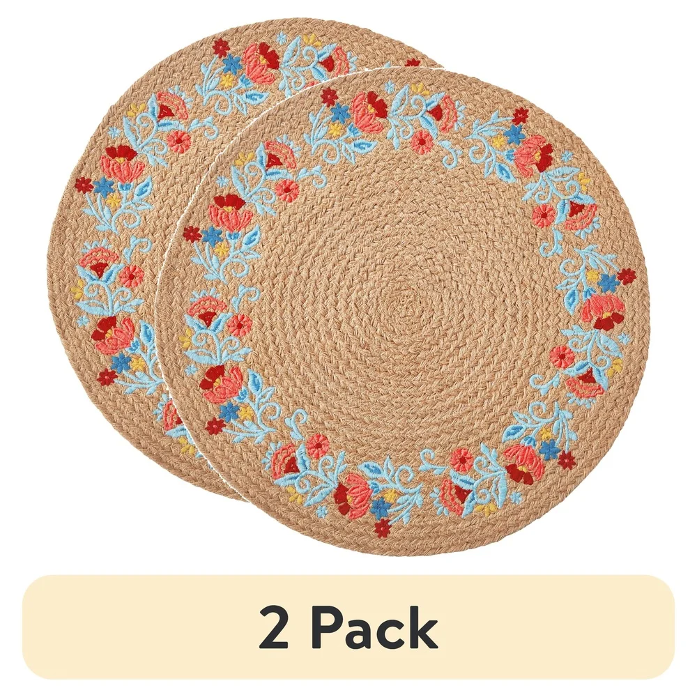 2 Pack Sweet Rose Jute Round Placemat Rustic Embroidered Dining Table Decor 15 Inch Diameter Multicolor Country Chic Home
