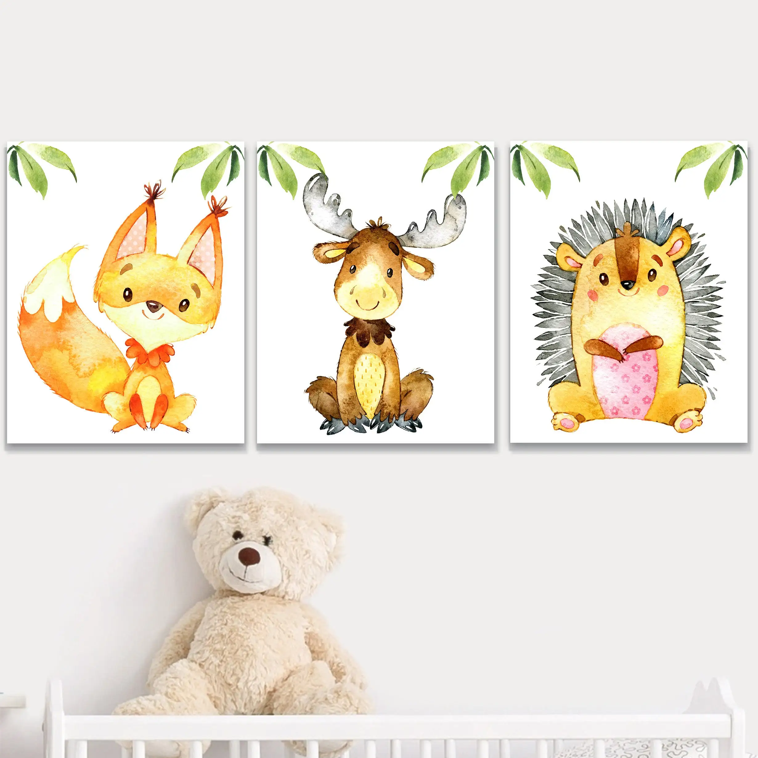 Woodland Animal Forest Nursery Wall Decor Baby Boy Girl Art Prints Watercolor Posters Kids Room canvas Playroom