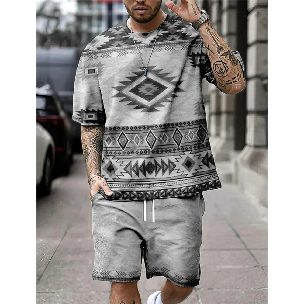 Summer Retro ethnic Style Men\'s Shorts Sets Casual T Shirts+Shorts 2PCS Outfits 3D Print Man Clothes Oversized O-Neck Sportswear