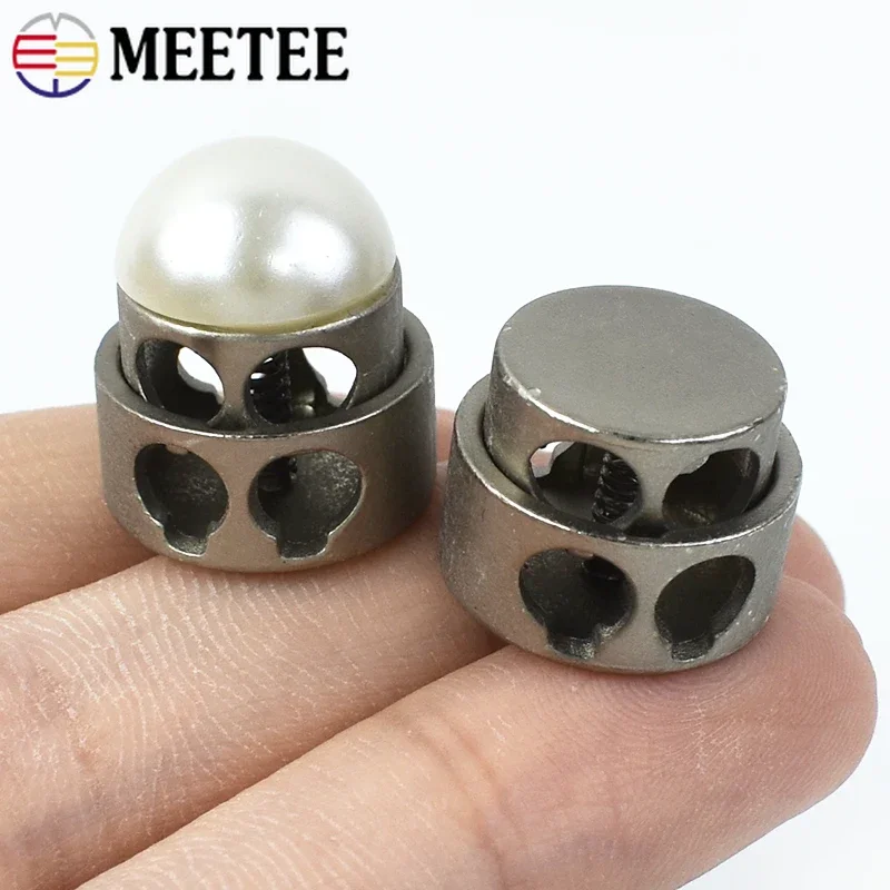 Meetee 30Pcs Metal Pearl Double Hole Stopper Buckles Spring Adjustment Cord Lock DIY Hat Rope End Decoration Elastic Snap Button