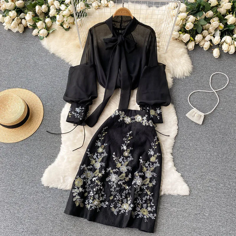 Runway Spring Autumn Skirt Suits Women's Sets Lantern Sleeve Bows Chiffon Blouses Tops + Vintage Beaded Flower Appliques Skirts