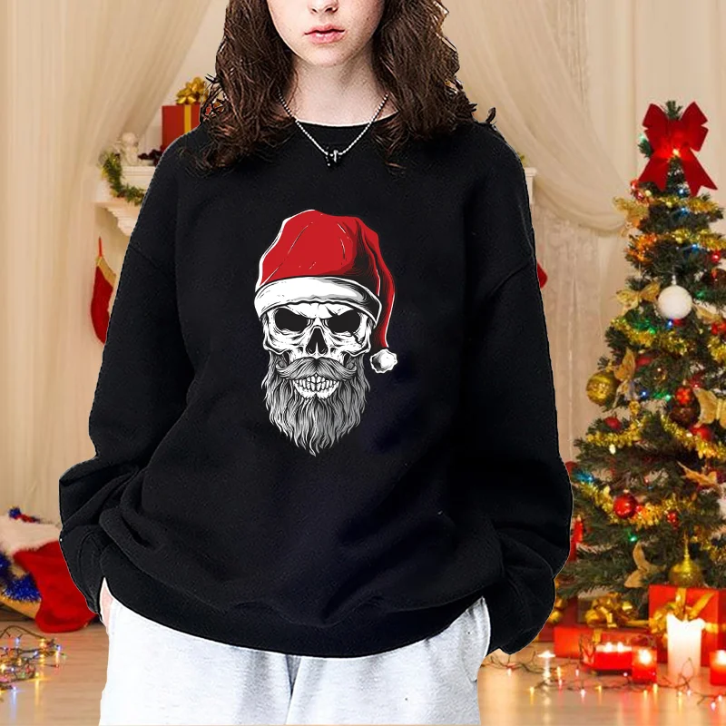 Sudadera con estampado de calavera navideña, sudadera de manga larga con cuello redondo a la moda para mujer, sudadera con calavera