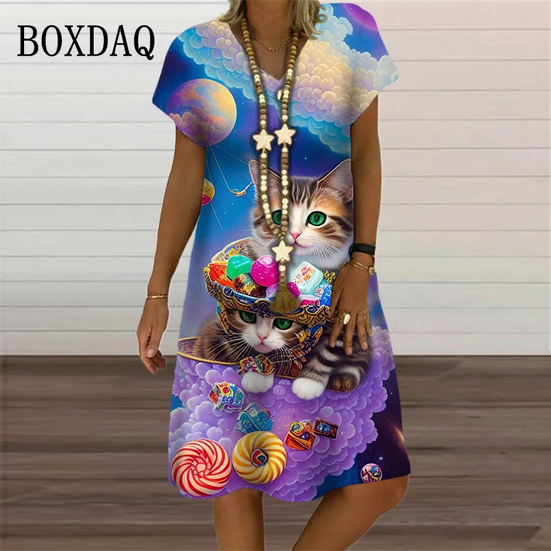 Ladies Elegant Sweet Cute Cat Dress Women Funny Cats 3D Printed Dress Fashion Street Hip Hop A-Line Party Dress Summer Oversized