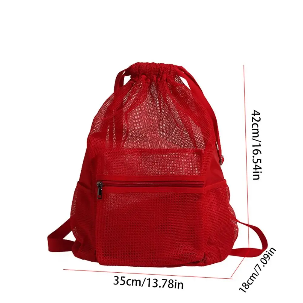 Sweet Korean Style Drawstring Backpack Hollow Portable Nylon Backpack Shoulder Bag Solid Color Mesh Beach Bag Girls