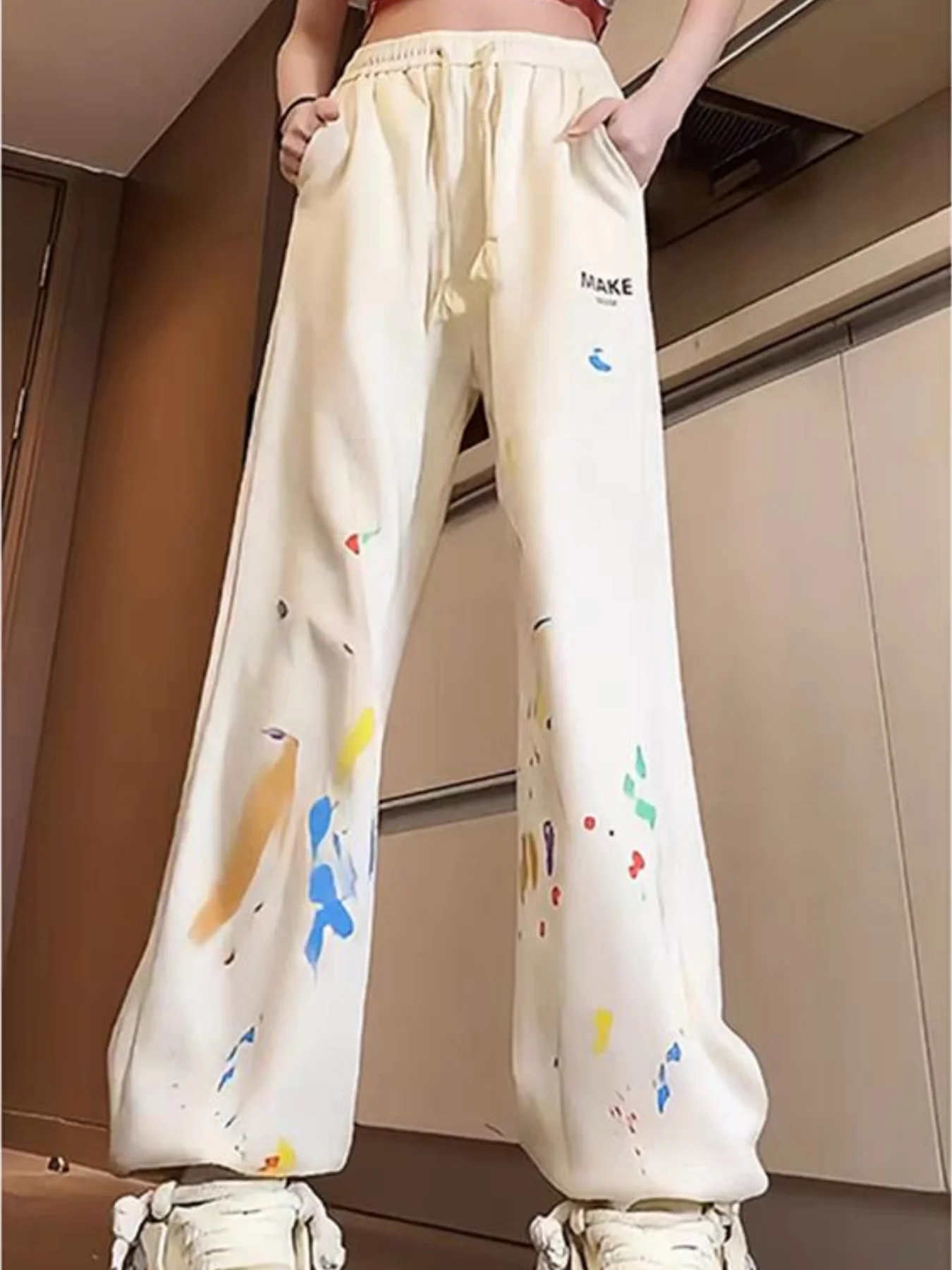 High Street Retro Splatter Graffiti Sarouel pour Femmes, Printemps et Automne Style Coréen Nouvel Étudiant Décontracté Polyvalent Sport Jogger Pantalon À La Mode