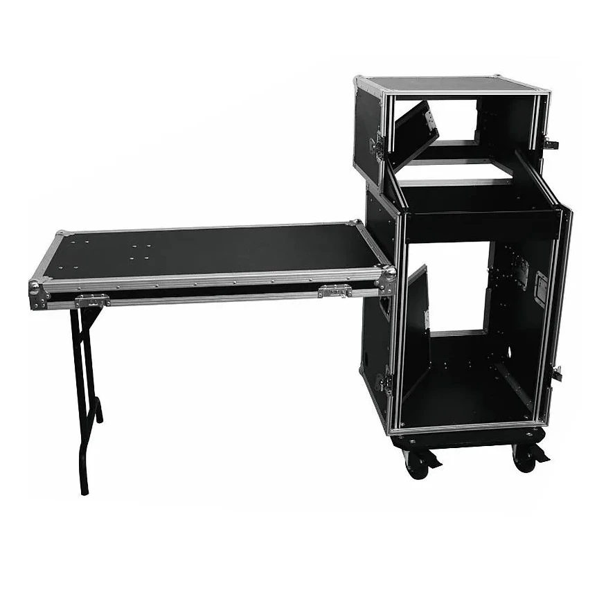 14U Flight Case, 20 Inch Depth DJ Rack Case with 11U Slant Mixer Top, Aluminum Road ATA Case, Rolling PA Rack and DJ Work Table