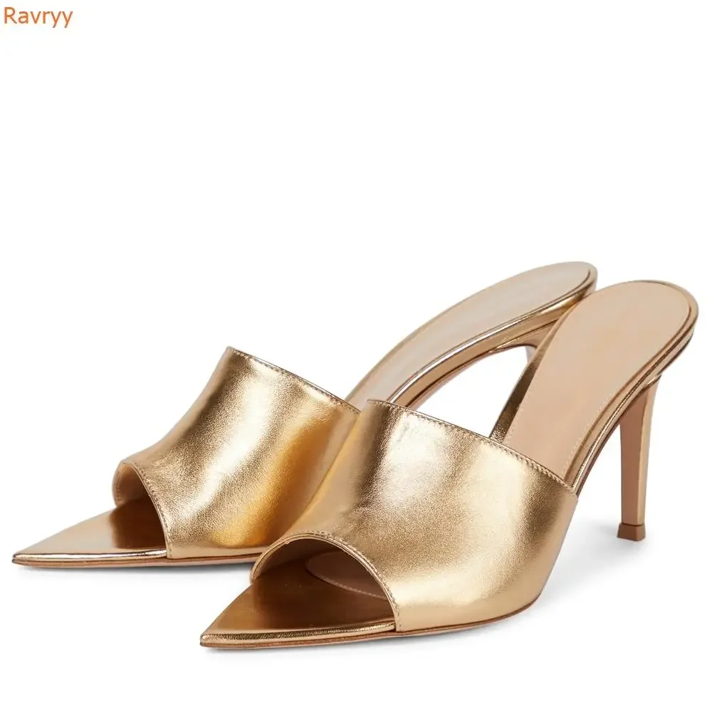 

Gold Heel Metallic Leather Slides Pointed Toe Women Summer Sandals Stiletto Heels Slip On Shoes Sexy Fashion Outdoor Slides