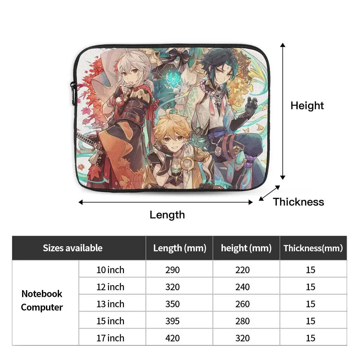 Genshin Impact Acg Anime Laptop Liner Sleeve, Kaedehara Kazuha Xiao AWindsor Notebook Bag Case, Antichoc Case, 12 ", 13", 15 ", 17"