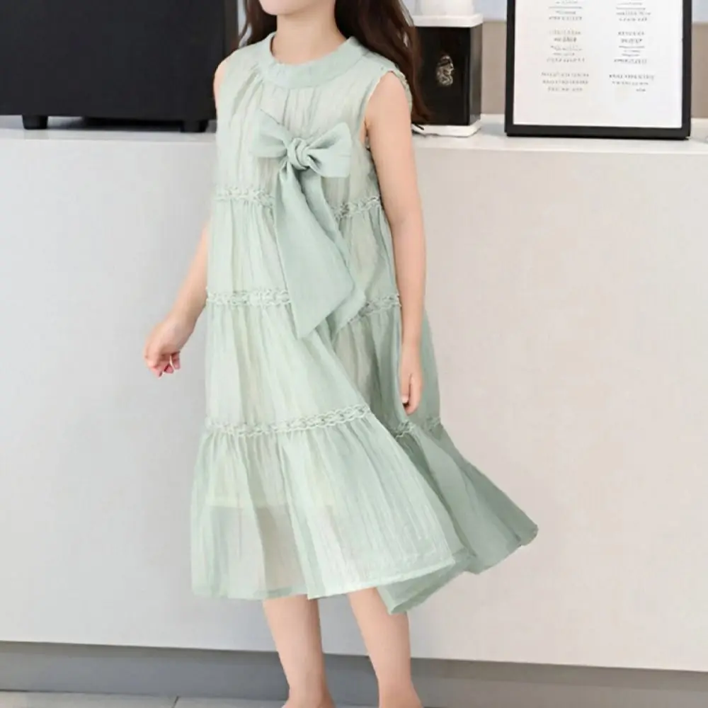 

Elegant Ruffle Girls Princess Dress Loose Children Summer Cake Dress Party Large Bow Teens Long Dress Students