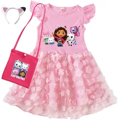 Vestidos Gabbys Dollhouse Clothes Kids Cartoon Gabby Chat Dress Baby Girls Summer Short Sleeve Casual Dresses and Bag & Headband