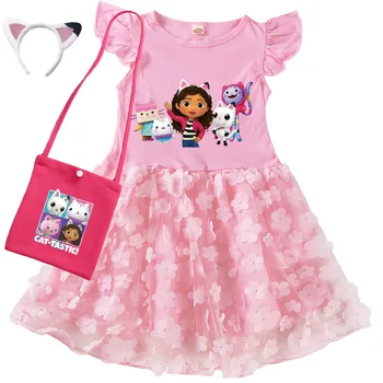 Vestidos Gabbys Puppenhaus Kleidung Kinder Cartoon Gabby Chat Kleid Baby Mädchen Sommer Kurzarm Freizeitkleider und Tasche & Stirnband