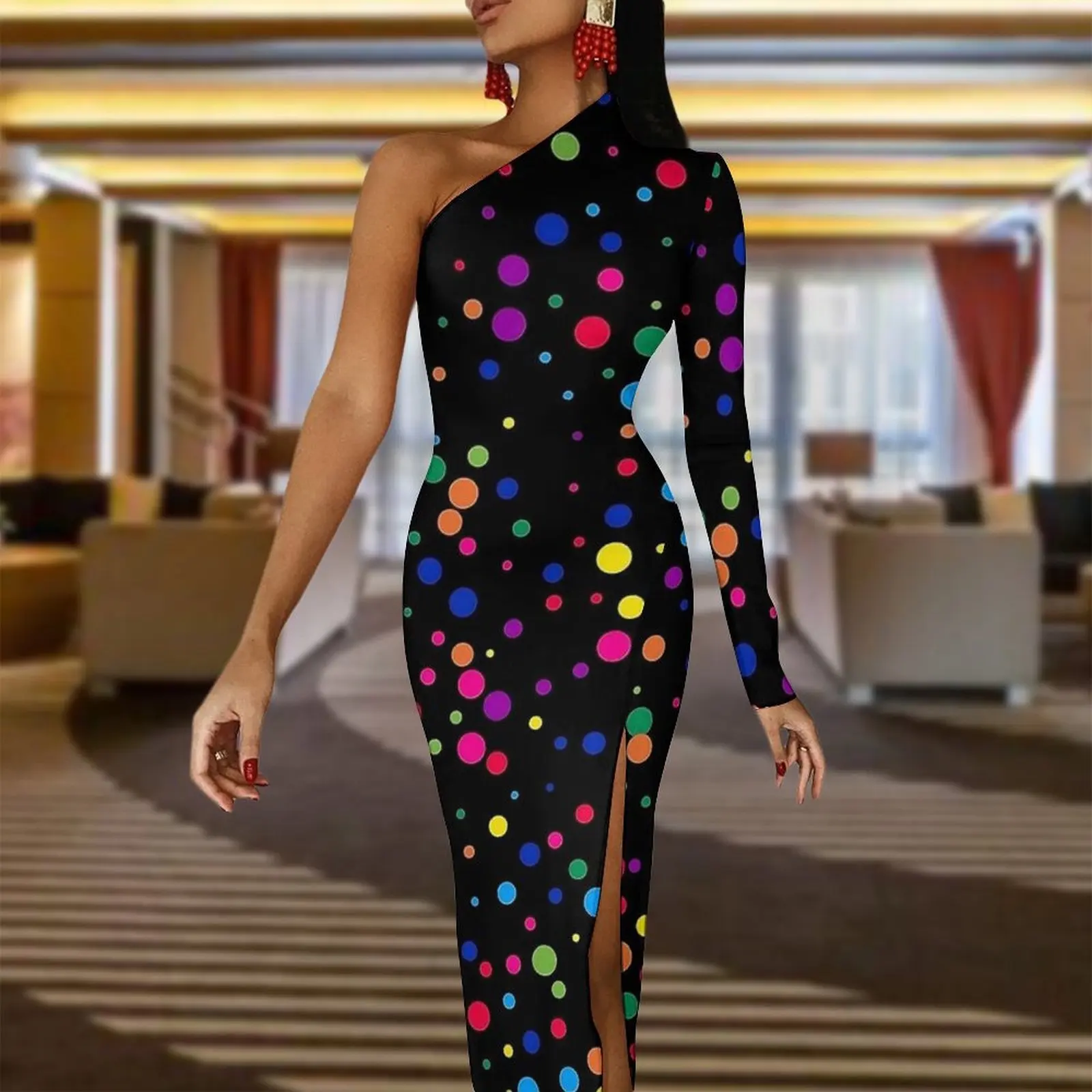 Abito lungo con stampa a pois colorati Abito lungo da festa da donna Autunno Abiti eleganti aderenti Vestido grafico con spacco alto