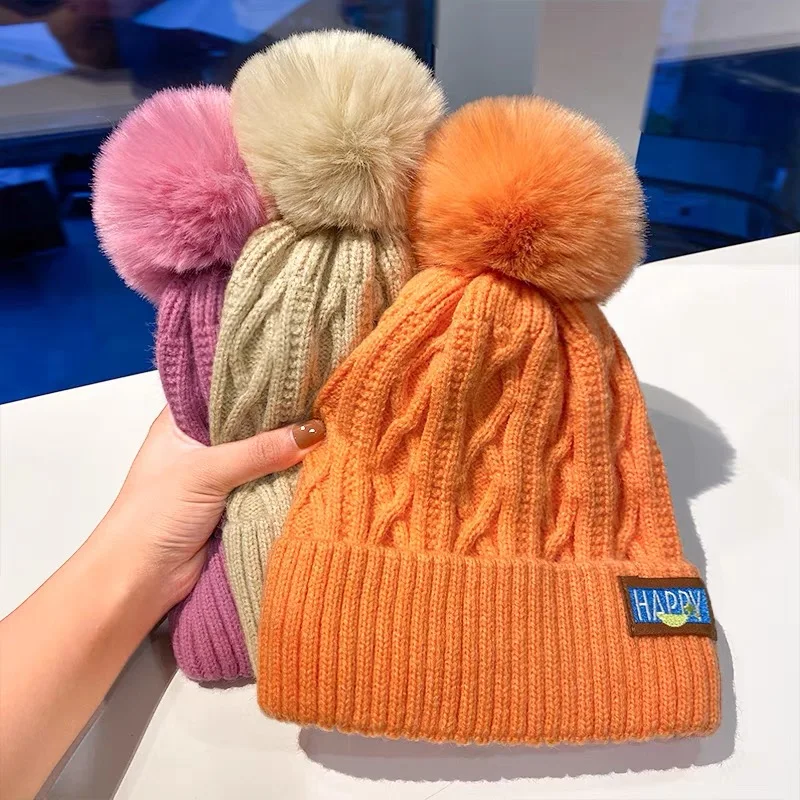 Winter Female Plush Knitted Beanies Hat Fur Pom Thicken Fleece-lined for Women Girl\'s Warm Hats Outdoor Woolen Thermal Gorro Cap