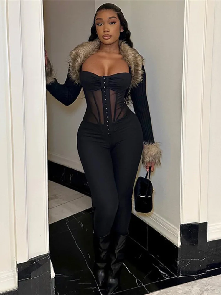 

Articat Sexy Strap Low-Cut Transparent Slim Jumpsuit Women's Fashion Backless Stretch Tight Jumpsuit Autumn Winter New Rompers