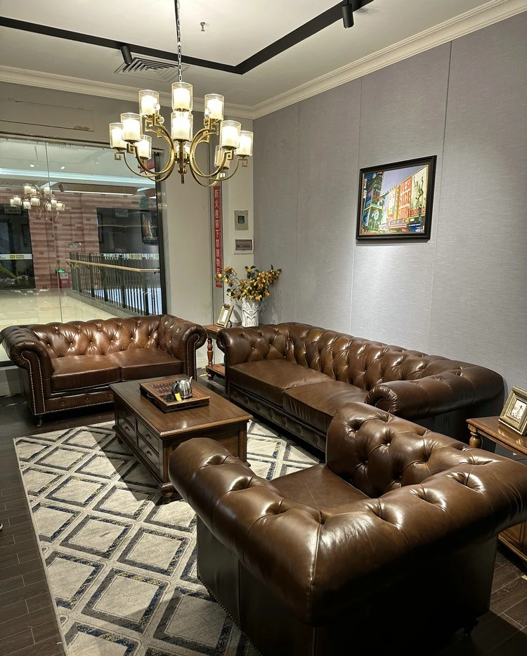 Medieval leather art buckle sofa, old oil wax leather double three or four combination European retro sofa