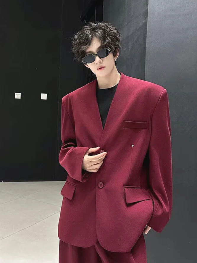 

Мужской повседневный пиджак без воротника цвета красного вина, свободного кроя, в британском стиле, модный, молодежный, осенняя одежда