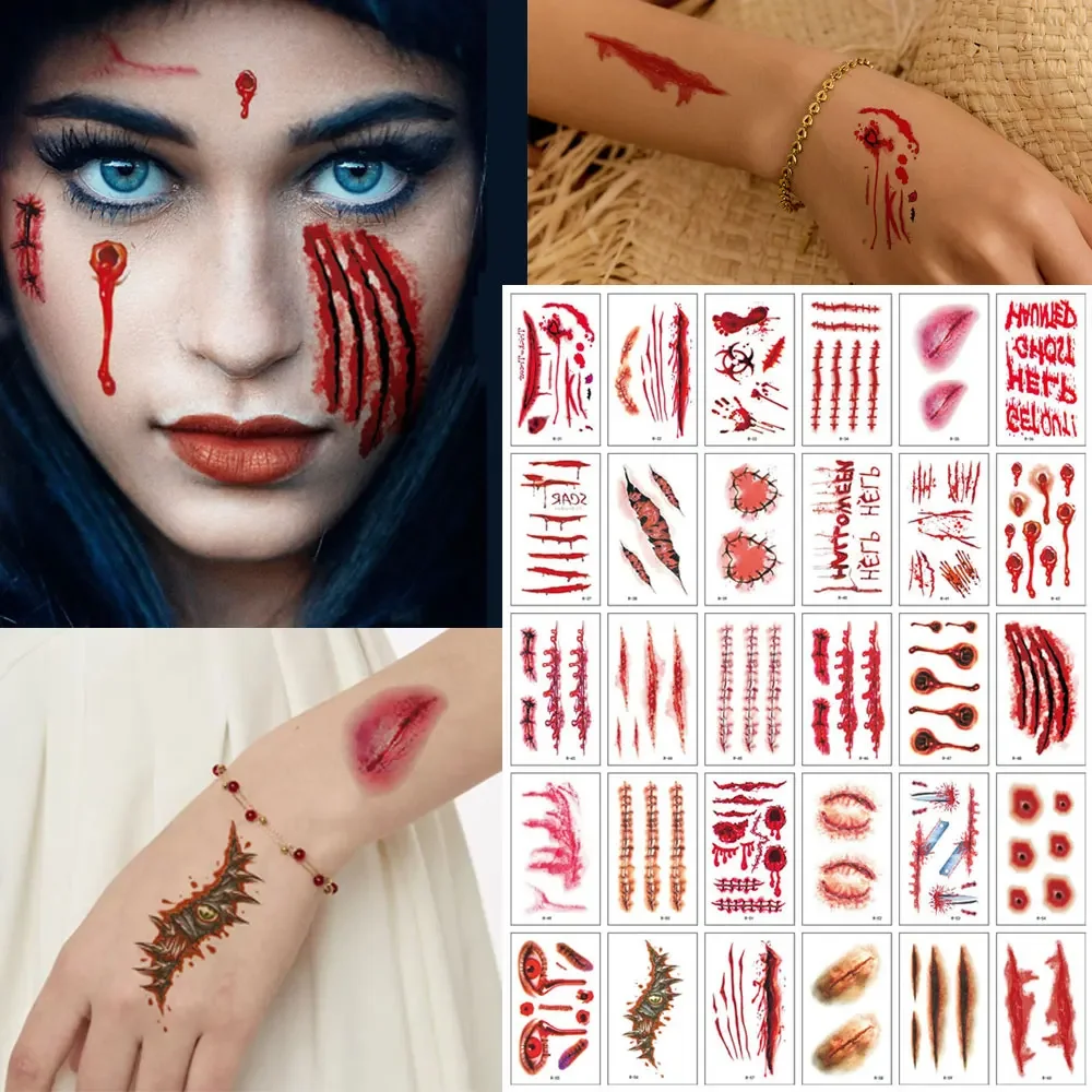 

30шт водонепроницаемые поддельные татуировки шрамов Хэллоуин татуировки для макияжа лица временные татуировки