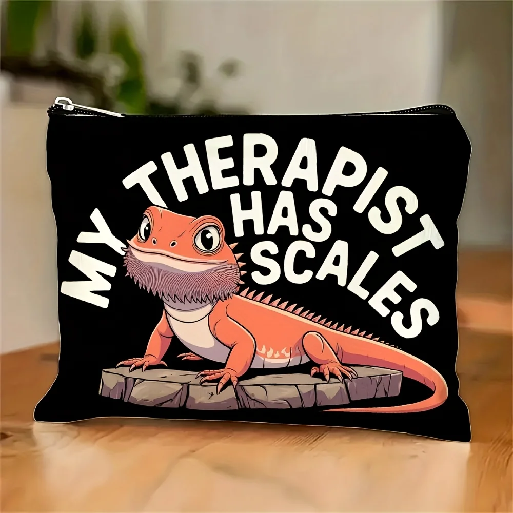 A The therapist has a makeup bag with a scale lizard print pattern.- multifunctional zipper pouch, jewelry storage bag, perfect