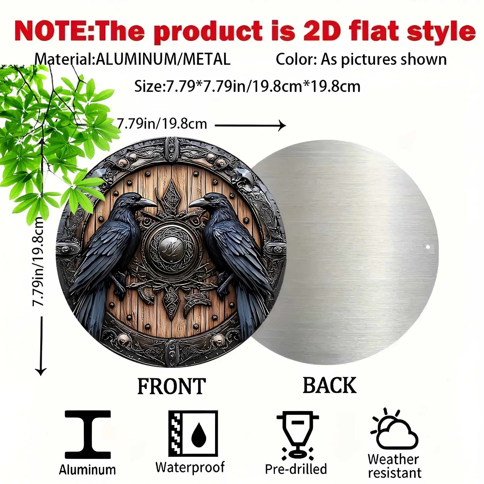 2D Flat, 1pc Viking Shield Metal Wall Art - 8x8 Inch Round 2D Flat Design with Raven & Shield, Vintage Norse Mythology Decor for