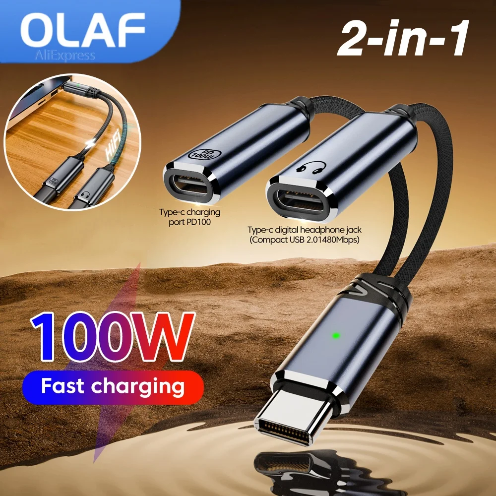 USB C Adapter OTG USB-C Splitter to Dual Type-C Wired Headphones Audio Adapter PD 100W Fast Charging Data Transfer Converter