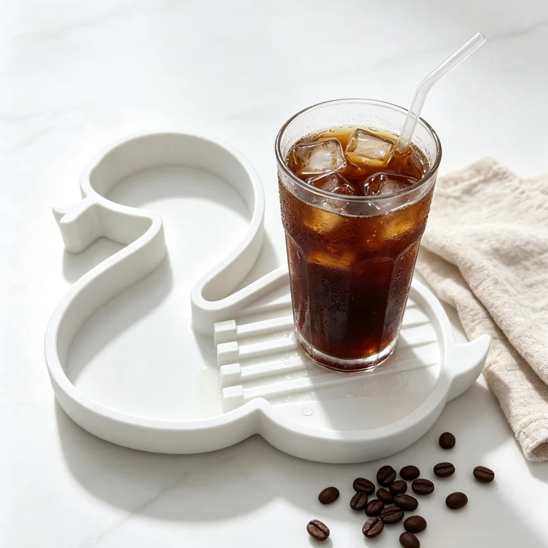 Cute White Snake-Shaped Cup Holder with Water Reservoir, Raised Grid-Style Drink Coaster to Prevent Water Marks on the Table, Special Desktop Accessory for Cold Drinks