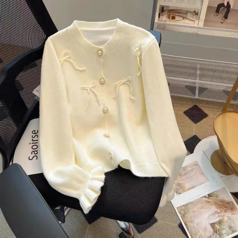 Autumn Winter Fashion Bow Solid Color Knitting Cardigan Sweater Coat Women Simplicity Office Lady All-match Trend Knitwear Tops