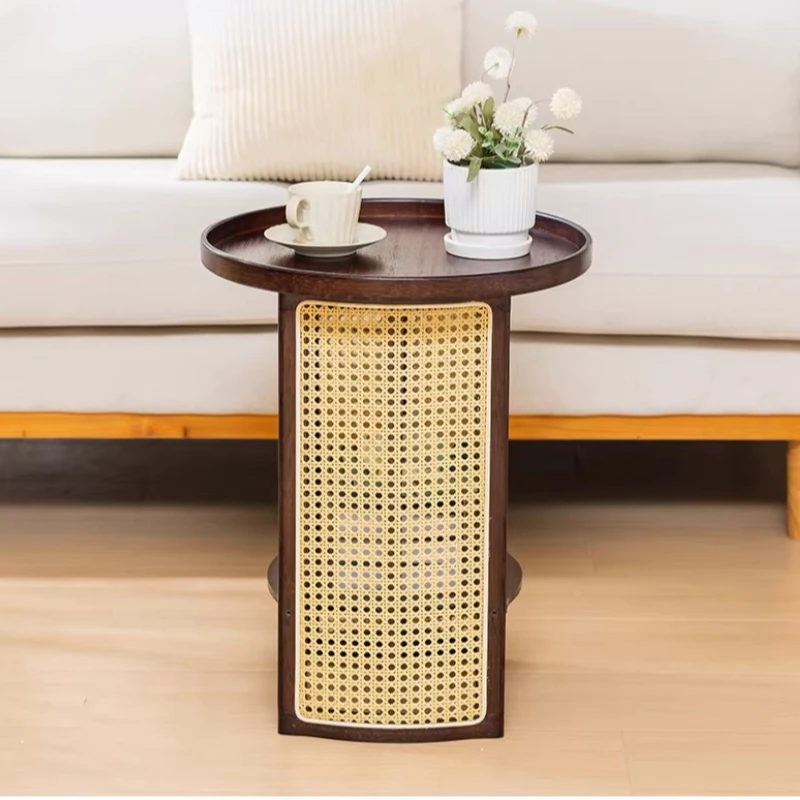 Modern Minimalist Rattan Side Table, Round Two-Tier Coffee Table & Balcony Shelf, Boho Woven Accent & Creative Decor Piece