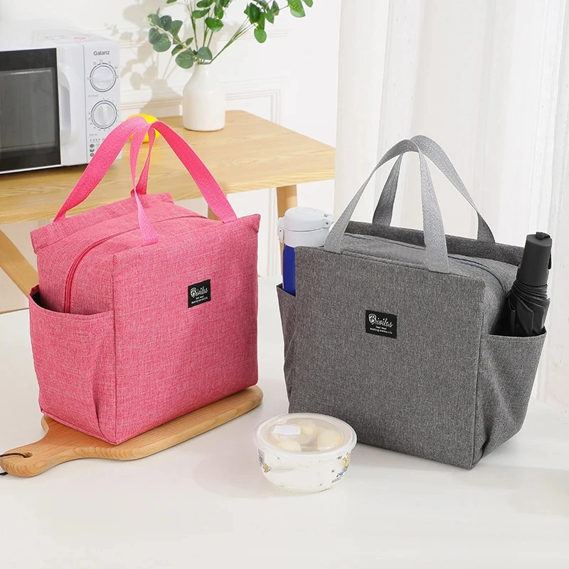 Solid Color Lunch Bags Large Capacity Double Side Pockets Handbag Picnic Food Storage Bag Heat Insulation Lunch Box Bag Oxford