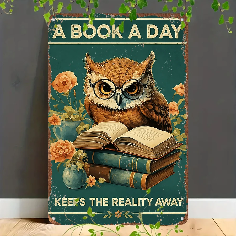2D flat retro metal tin plate, Vintage Owl Book Lovers Metal Tin Sign, Suitable for home, garage, café, bar and garden decoration