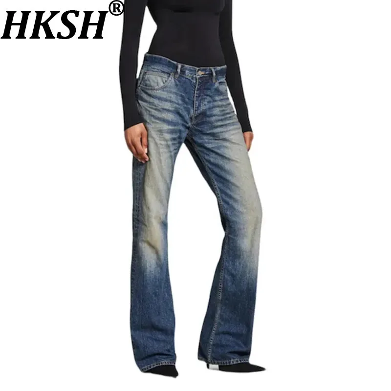 

HKSH Spring New Men Tide Dark Flared Slim Jeans Washed Vintage Unisex Frayed Wrinkled Long Denim Pants High Street Retro HK8741