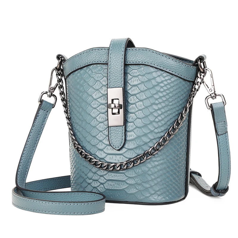 Genuine Leather Cowhide Women's New Style Versatile Bucket Bag - Crocodile Pattern, Shoulder & Crossbody Small-Sized Bag