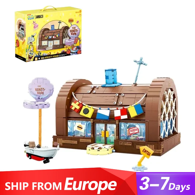 Spongebob Cartoon Krusty Krab Restaurant Building Blocks Creative Figure Model Light Bricks Toys For Children Birthday Gift