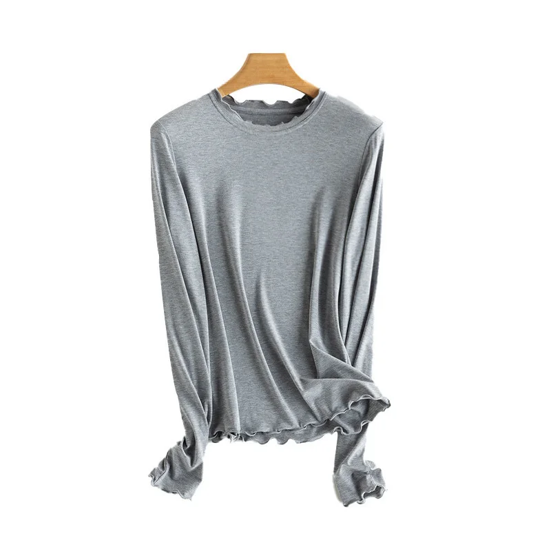 Women Ruffled Edge T-Shirt Spring Autumn 6% Mulberry Silk Non-Ironing Slim Long Sleeve Bottoming Tops