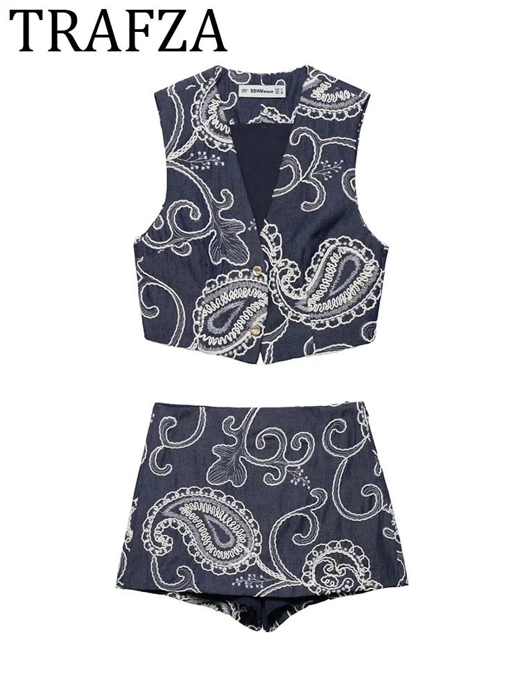

TRAFZA Woman 2025 Shorts Sets Embroidered Cropped Vest Top+High Waist Skort Two Pieces Female Elegant Summer Suit Women Outfit