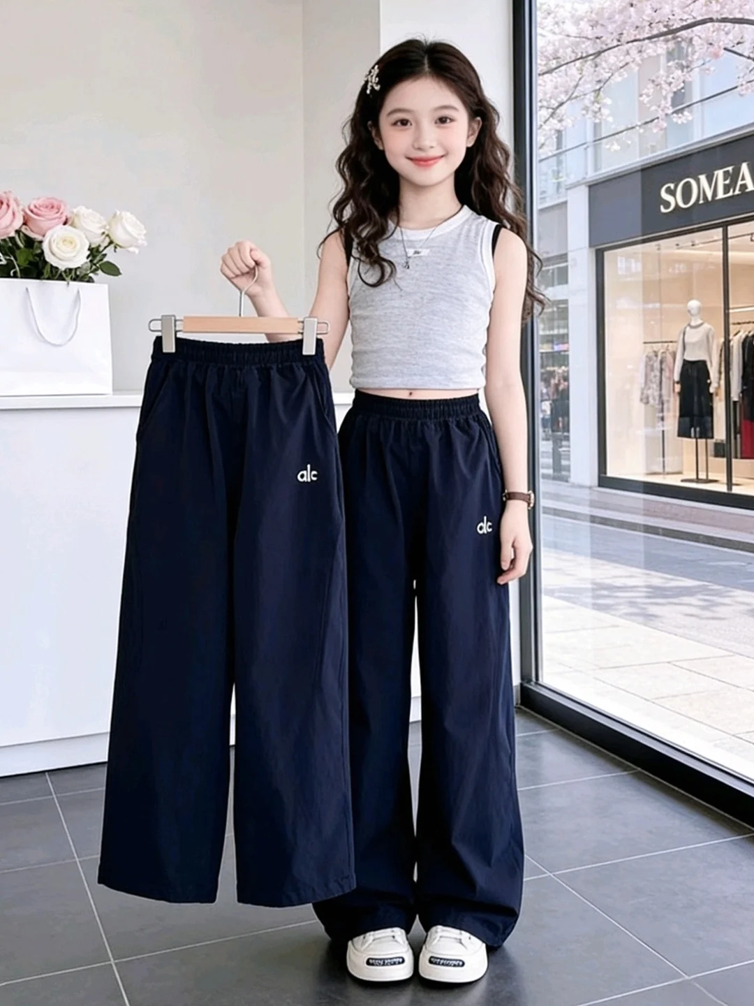 女の子用夏用軽量カジュアルワイドレッグパンツ、子供用おしゃれ日焼け対策ルーズフィットパンツ（大きい子供向け）